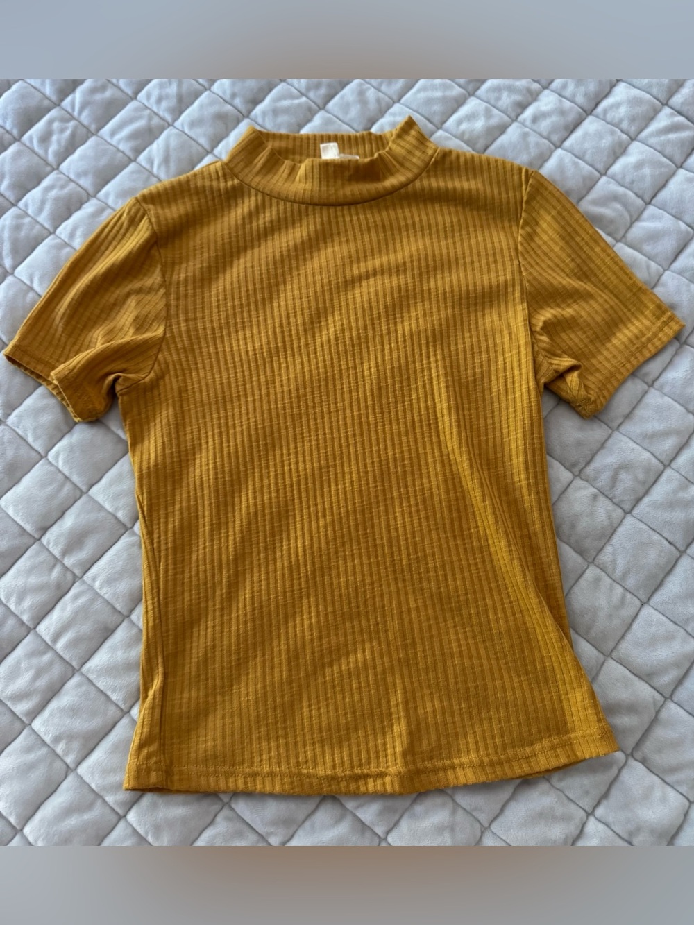 Pink Republic Ribbed Mock-Neck Short Sleeve Top in Mustard Yellow